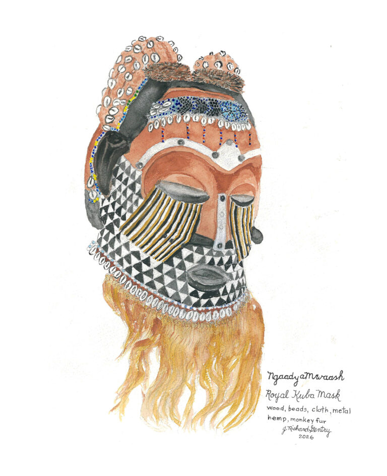 Ngaady a Mwaash Mask (ROYAL KUBA MASK) Watercolor, J. Richard Gentry, 2026 Watercolor painting of Royal Kuba Mask on natural white 150 LB Arches cold press paper.