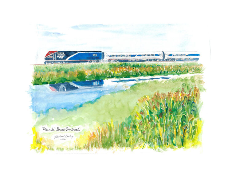 MARDI GRAS AMTRAK IN DELTA, Watercolor, J. Richard Gentry, 2026 Watercolor painting of the Mardi Gras Amtrak train crossing the delta from Mobile to New Orleans.