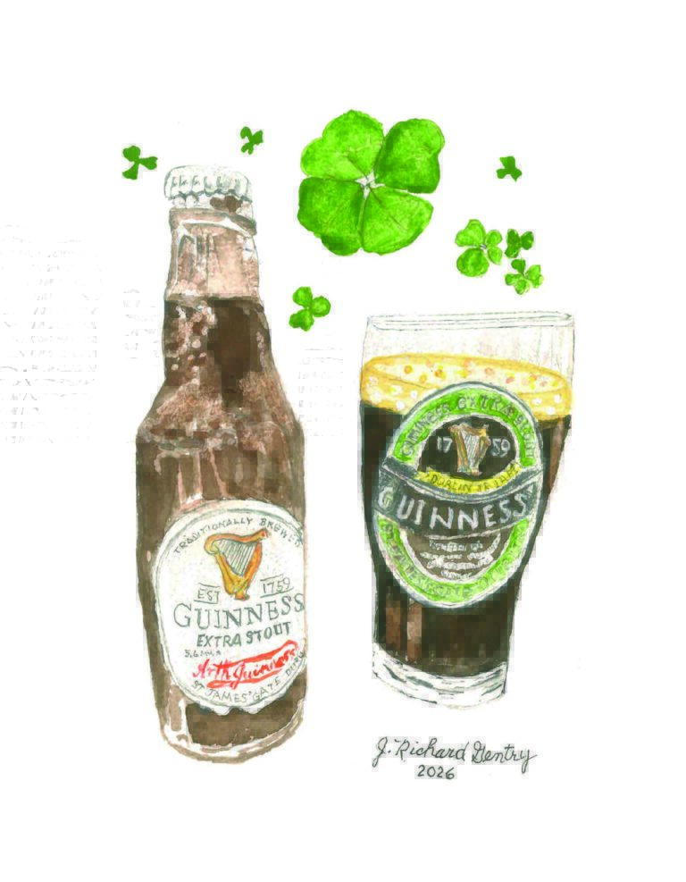 GUINNESS for St. Patrick's Day, Watercolor, J. Richard Gentry, 2026 Water color painting of a bottle of Guinness Extra Stout and a pint glass full of Guinness with a foam top.